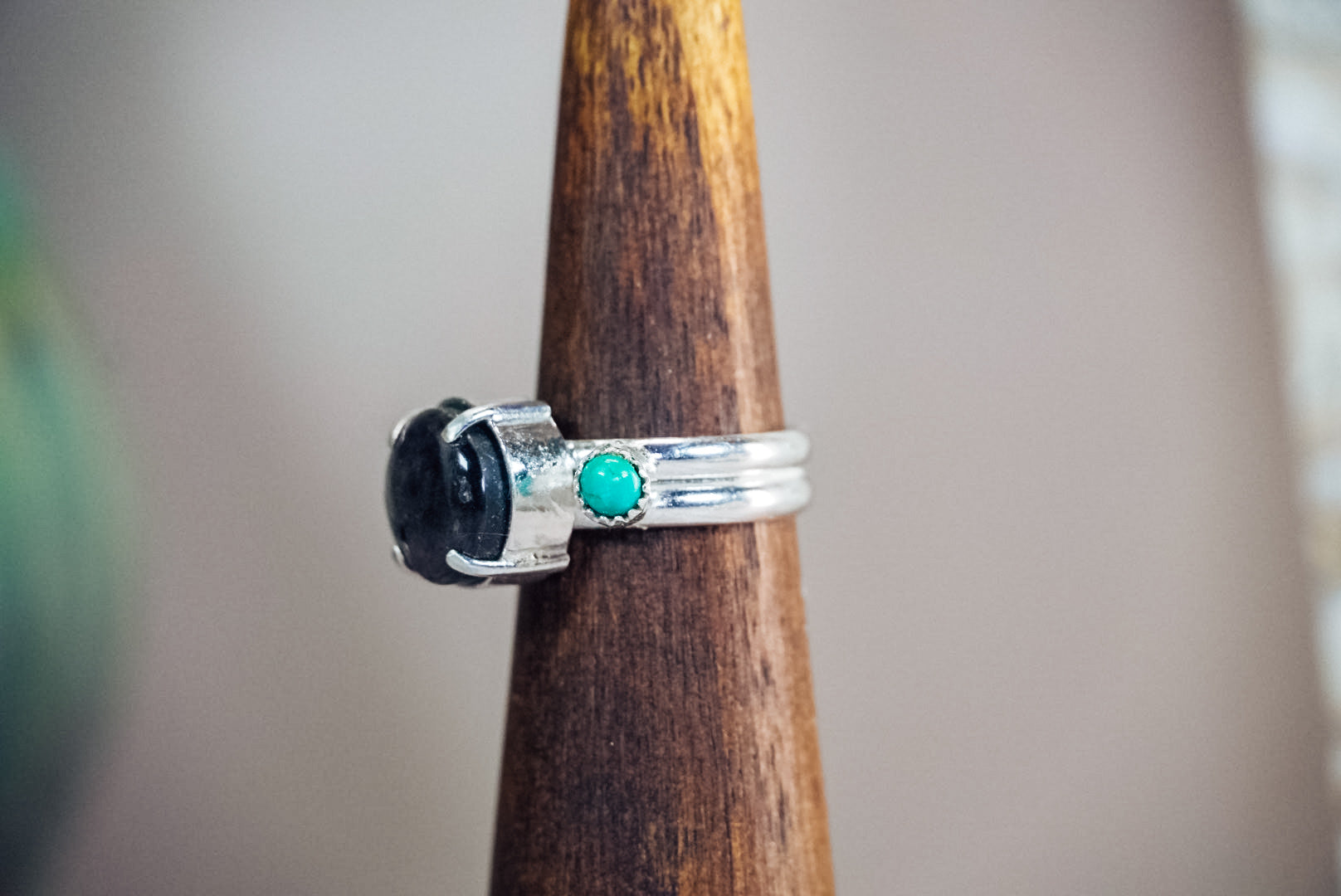 Handmade Sterling Silver Ring with Star Sapphire + Kingman Turquoise | Western Statement Ring | Size 8.5