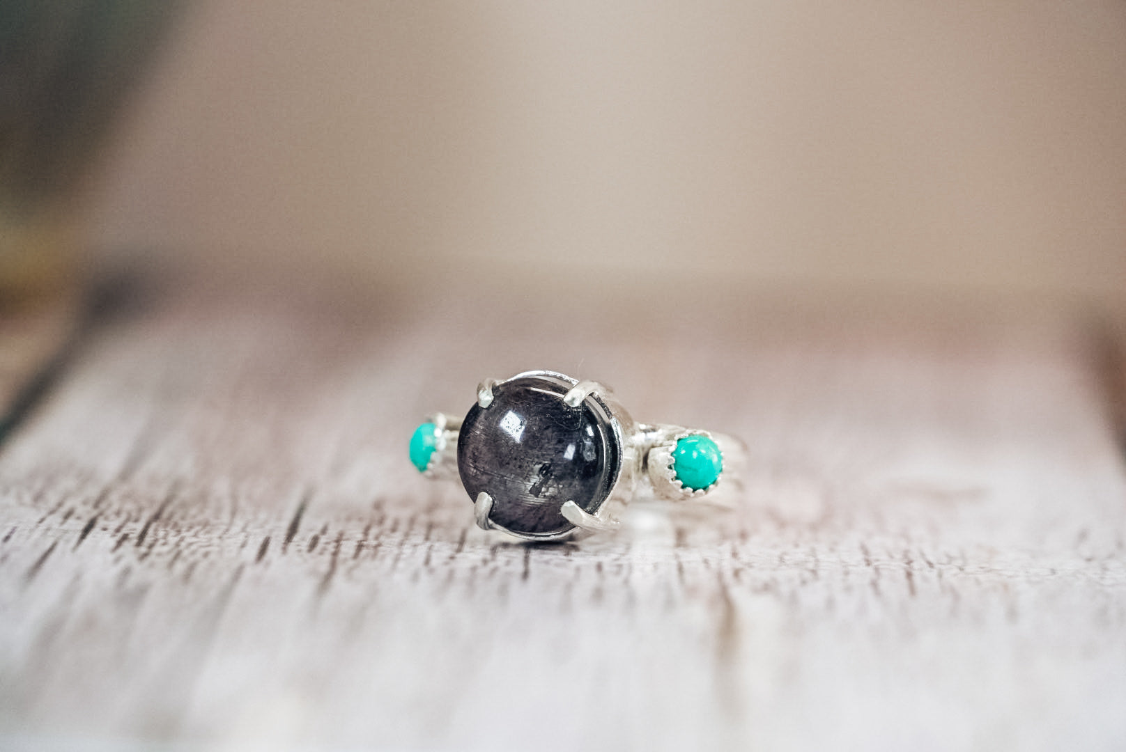 Handmade Sterling Silver Ring with Star Sapphire + Kingman Turquoise | Western Statement Ring | Size 8.5