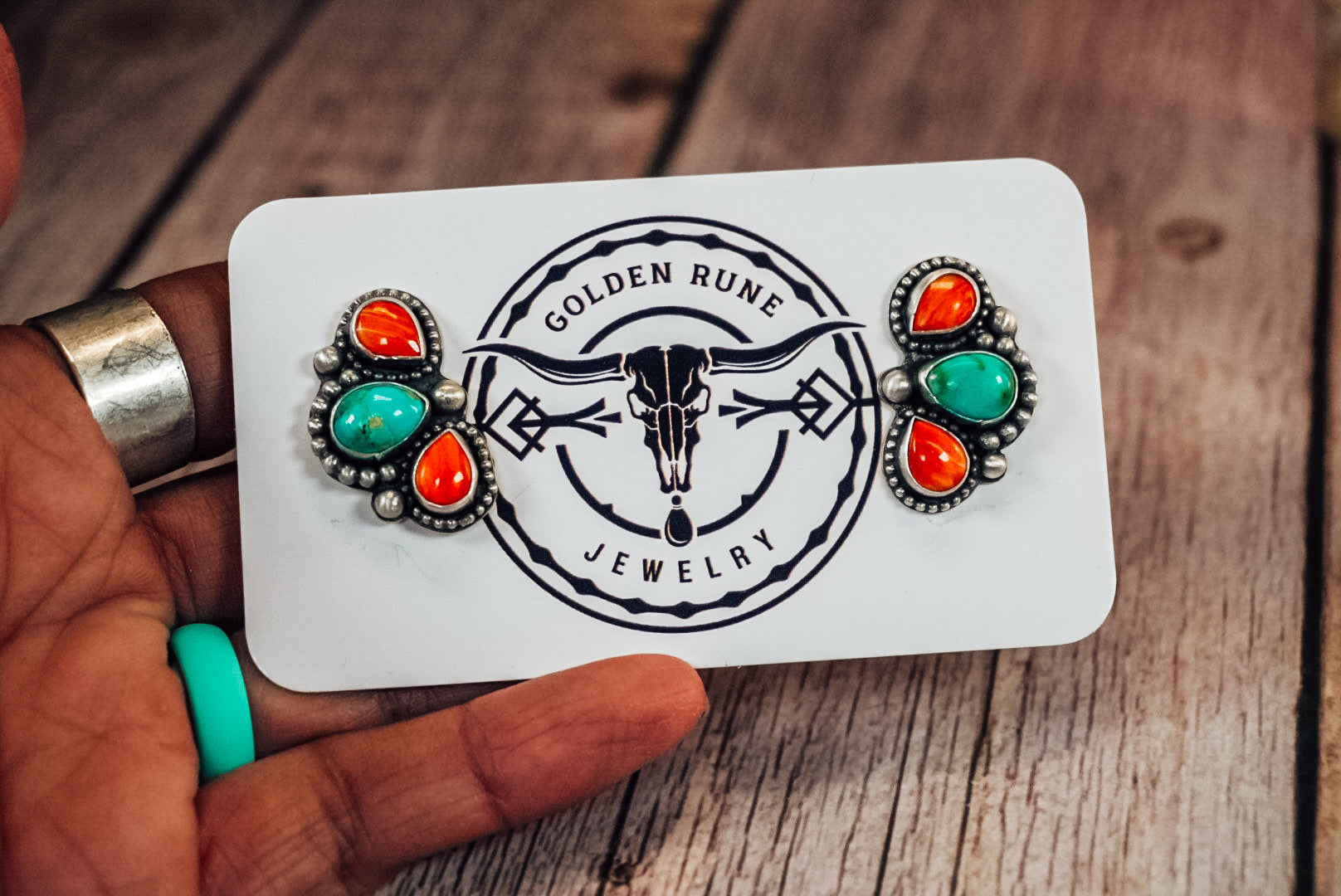 Handmade Sterling Silver Kingman Turquoise & Spiny Oyster Earrings | Western Statement Stud Earrings