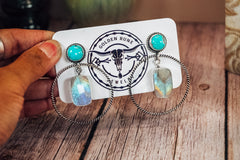 Handmade Sterling Silver Kingman Turquoise & Moonstone Hoop Earrings | Western Statement Stud Earrings