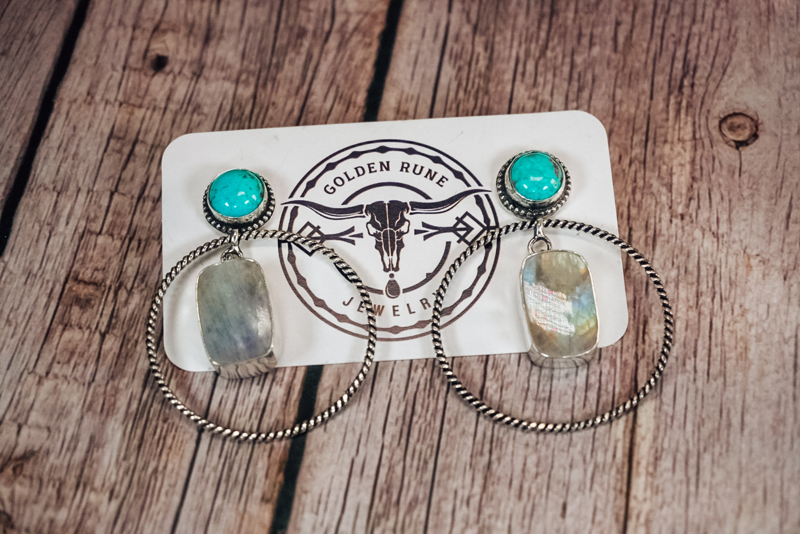 Handmade Sterling Silver Kingman Turquoise & Moonstone Hoop Earrings | Western Statement Stud Earrings