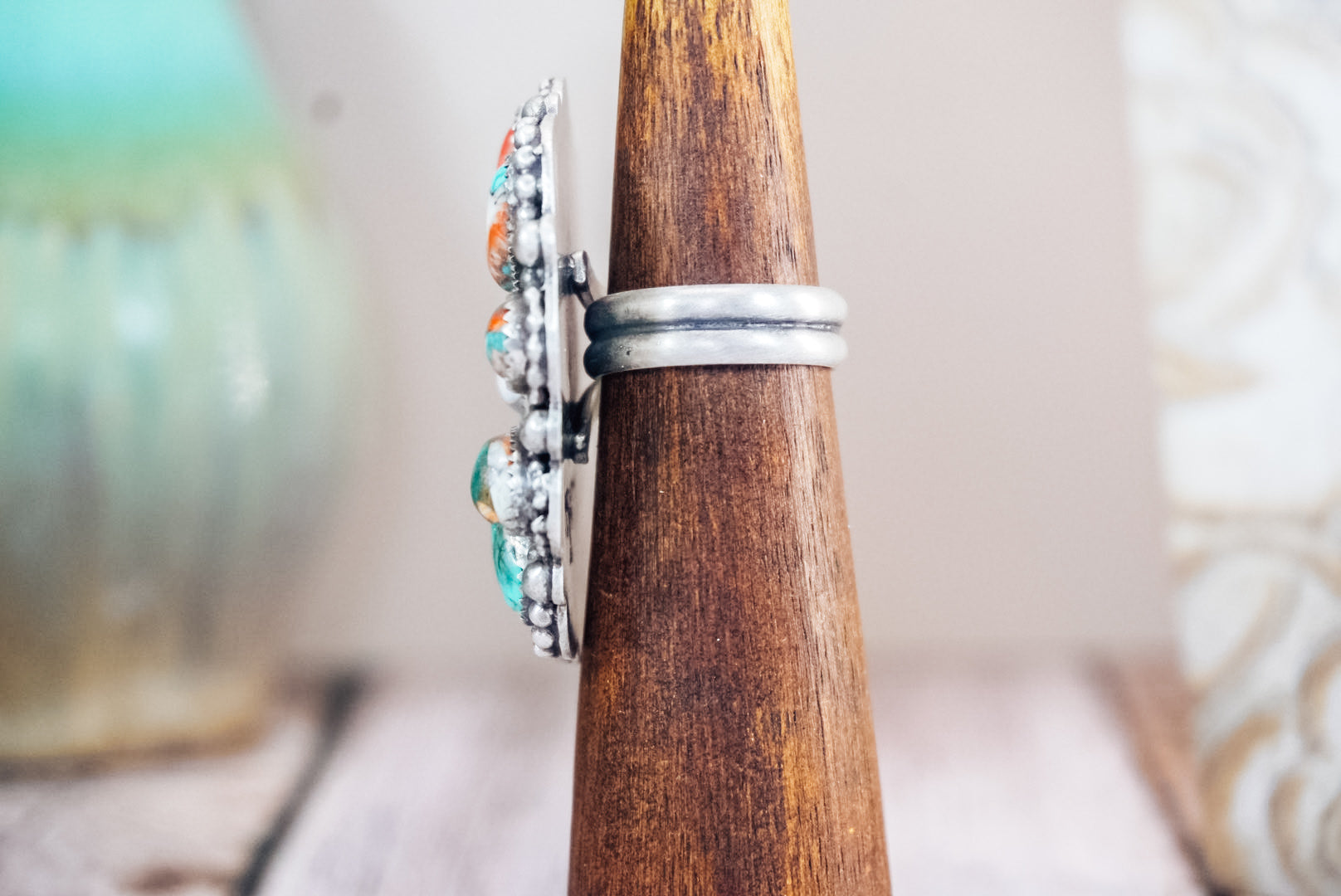 Handmade Sterling Silver Ring with Spiny Oyster & Turquoise | Western Statement Cluster Ring | Size Adjustable