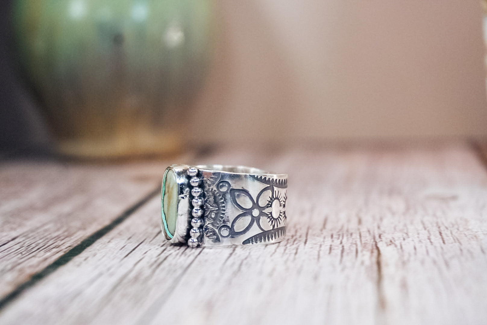 Handmade Sterling Silver Ribbon Royston Turquoise Ring | Western Stamped Statement Ring | Size 10.5
