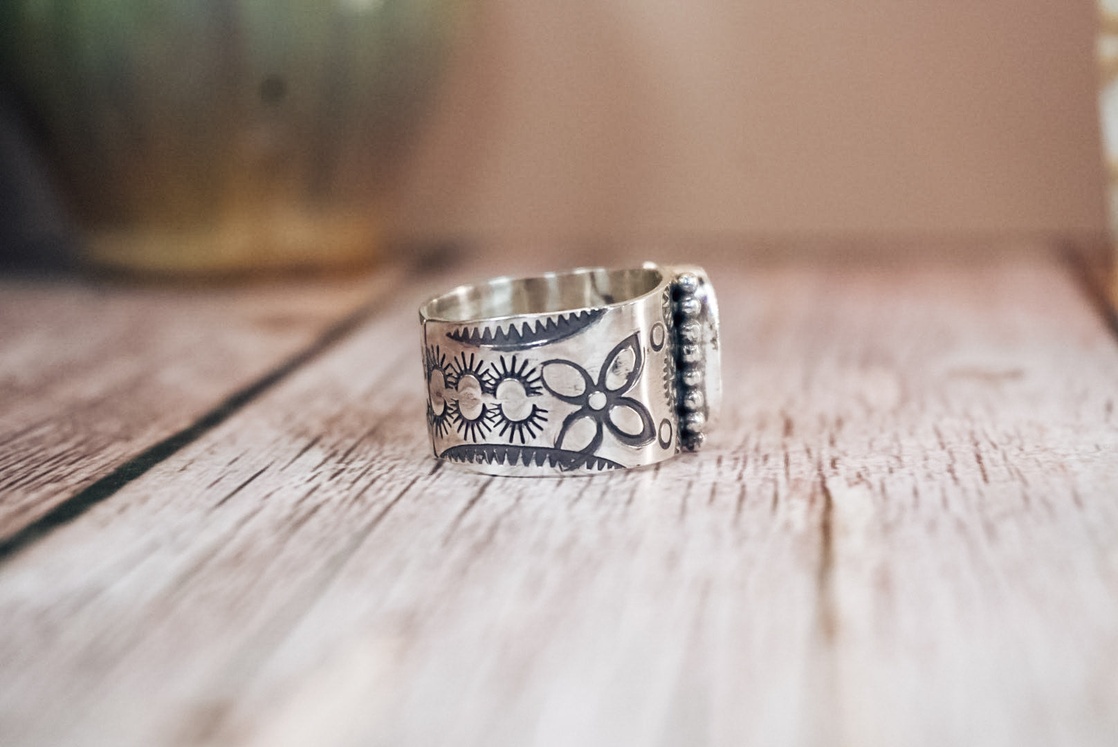 Handmade Sterling Silver Ribbon Royston Turquoise Ring | Western Stamped Statement Ring | Size 10.5