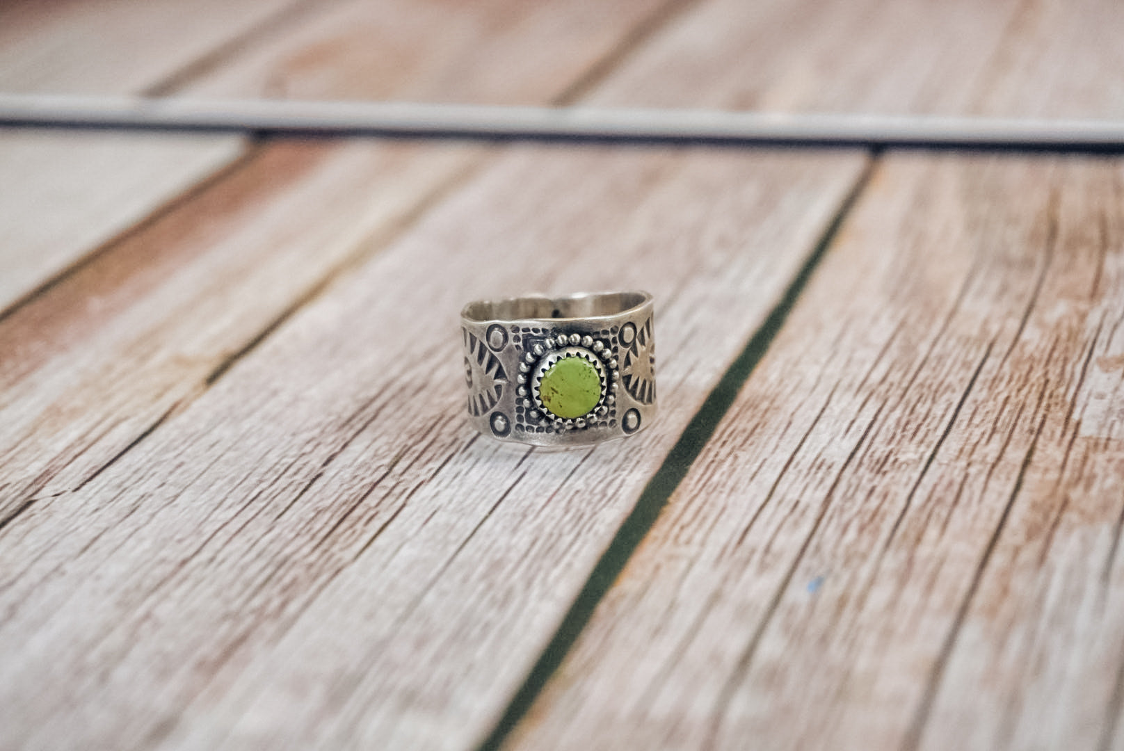 Handmade Sterling Silver Turquoise Ring | Western Stamped Statement Ring | Size 7.5