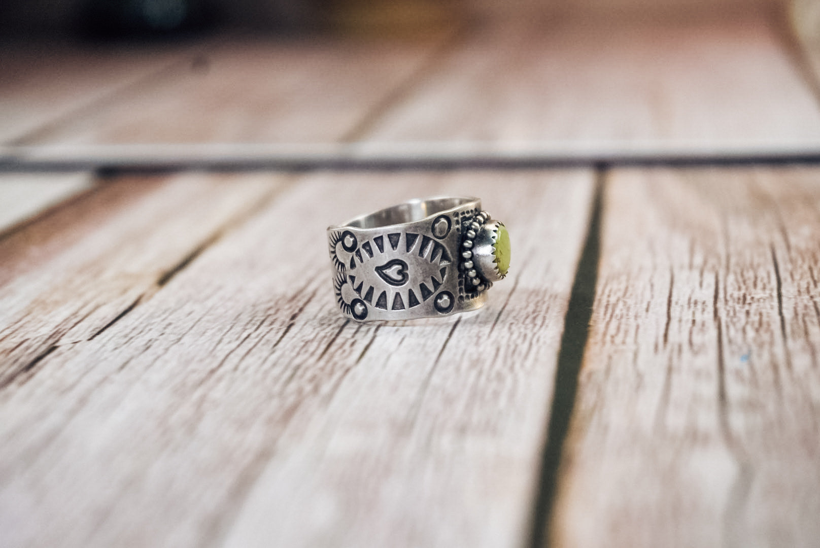 Handmade Sterling Silver Turquoise Ring | Western Stamped Statement Ring | Size 7.5