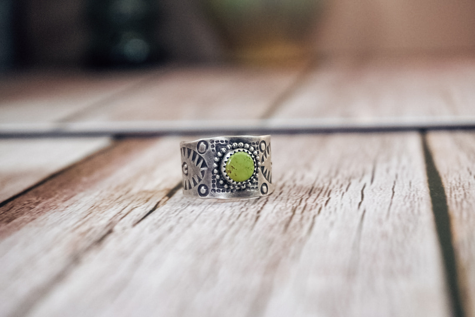 Handmade Sterling Silver Turquoise Ring | Western Stamped Statement Ring | Size 7.5