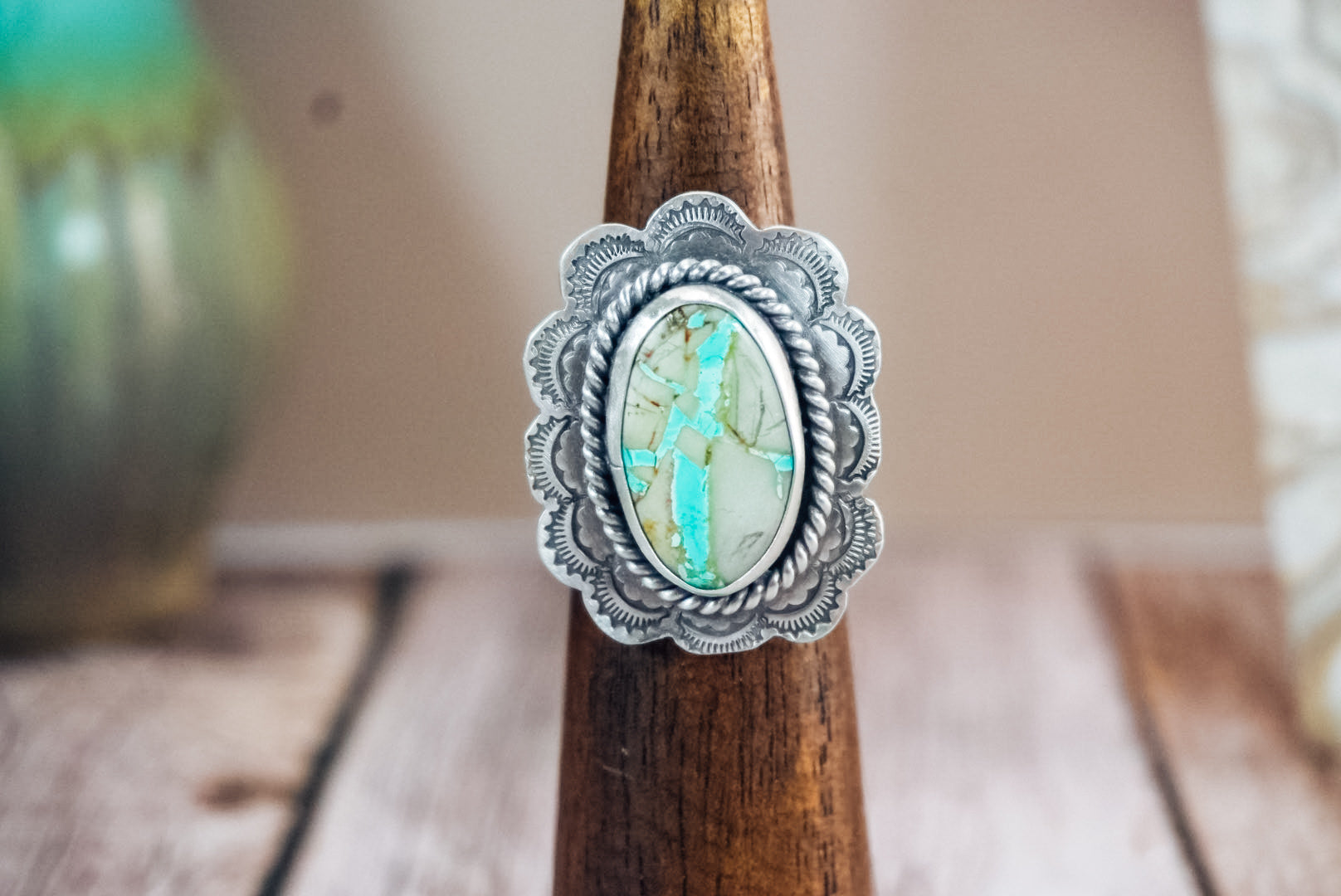 Handmade Sterling Silver Ribbon Royston Turquoise Ring | Western Stamped Statement Ring | Adjustable