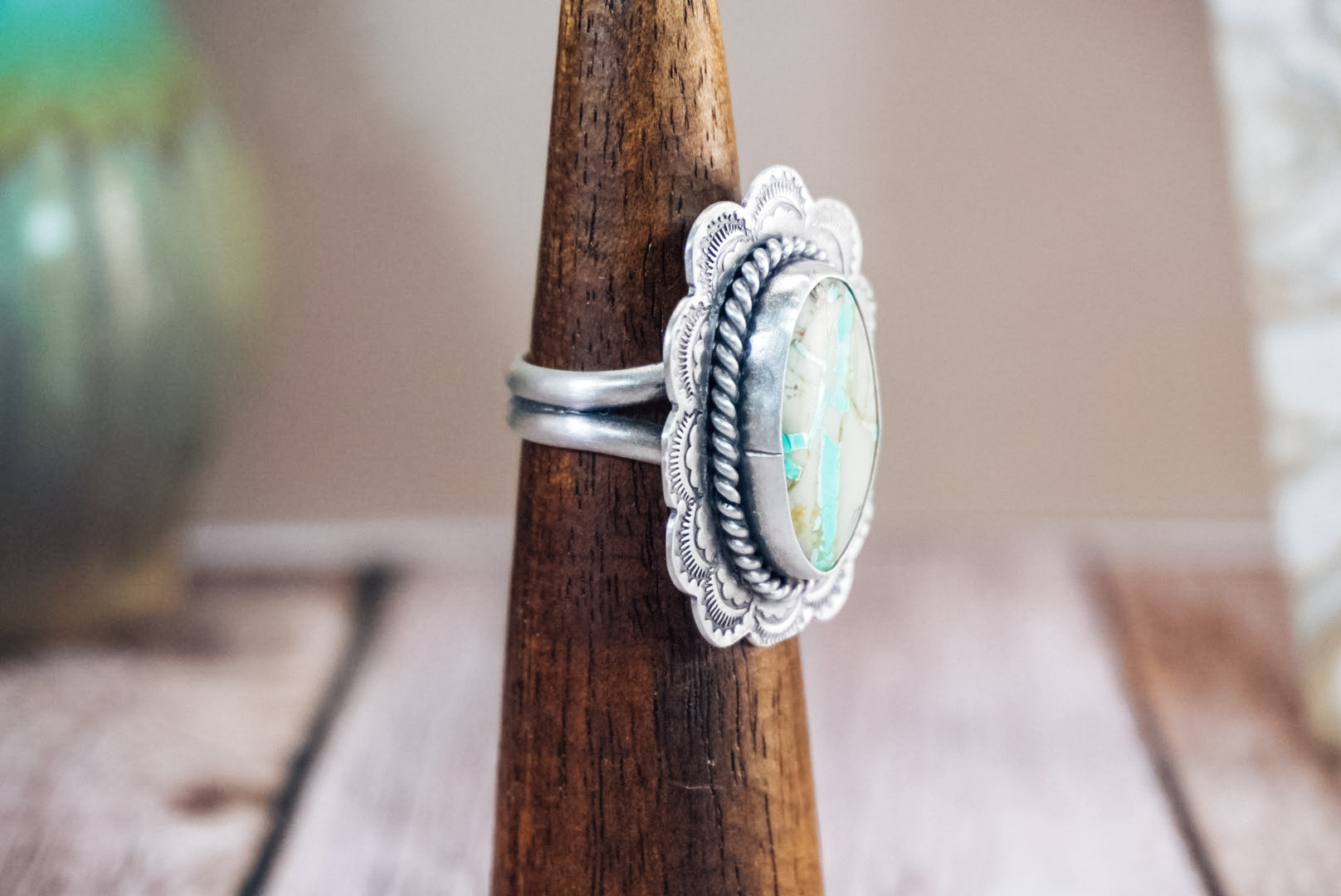 Handmade Sterling Silver Ribbon Royston Turquoise Ring | Western Stamped Statement Ring | Adjustable