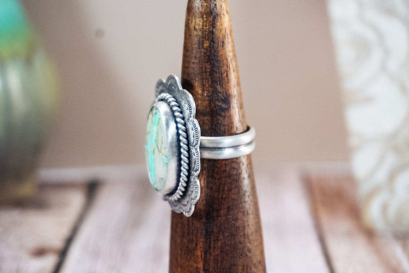 Handmade Sterling Silver Ribbon Royston Turquoise Ring | Western Stamped Statement Ring | Adjustable