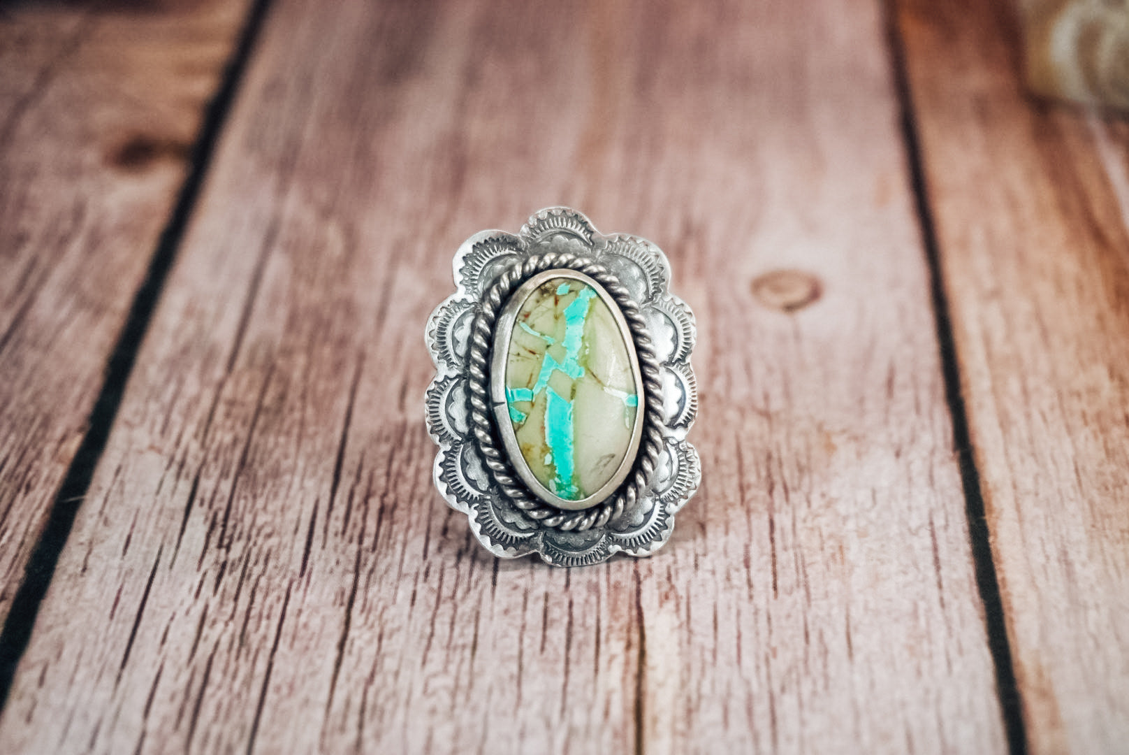 Handmade Sterling Silver Ribbon Royston Turquoise Ring | Western Stamped Statement Ring | Adjustable