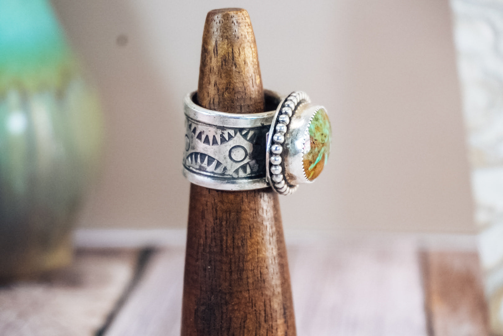 Handmade Sterling Silver Kingman Turquoise Ring | Western Stamped Statement Ring | Size 6.75