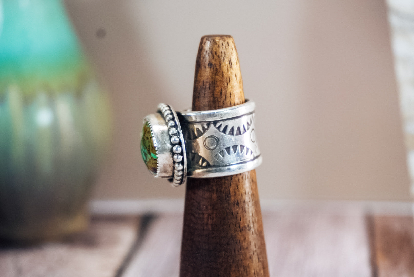 Handmade Sterling Silver Kingman Turquoise Ring | Western Stamped Statement Ring | Size 6.75