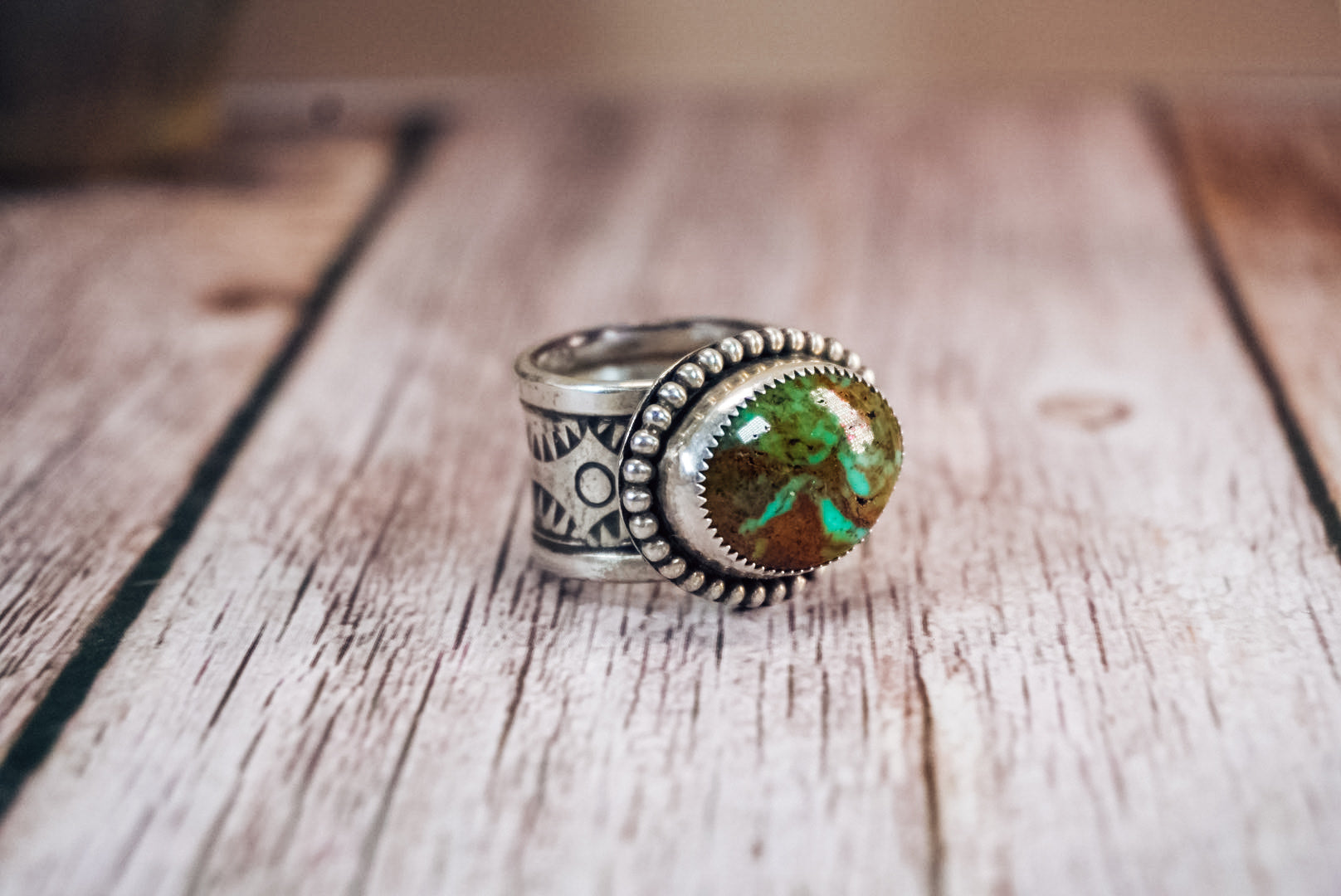 Handmade Sterling Silver Kingman Turquoise Ring | Western Stamped Statement Ring | Size 6.75