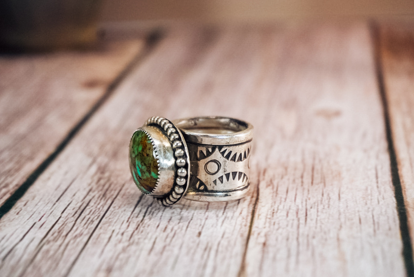 Handmade Sterling Silver Kingman Turquoise Ring | Western Stamped Statement Ring | Size 6.75