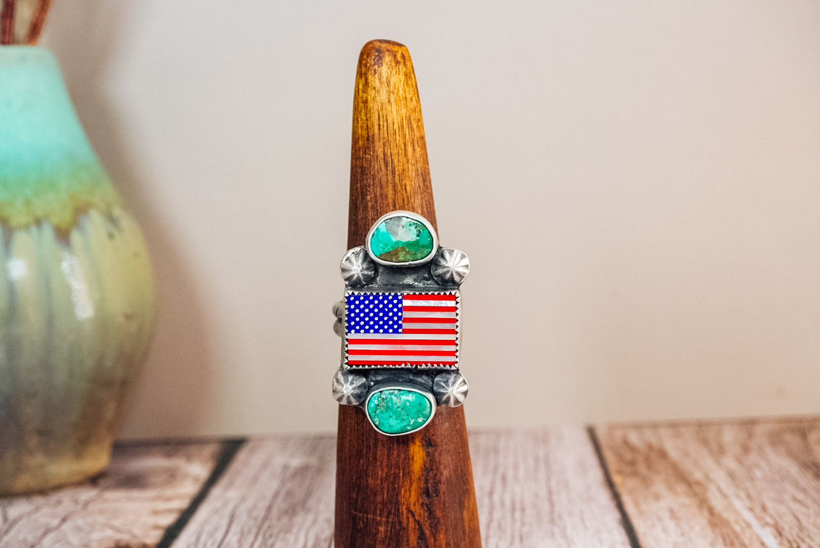 Handmade Sterling Silver American Flag Ring | Turquoise Statement Ring | Lapis, Mother of Pearl & Red Coral Flag | Size Adjustable