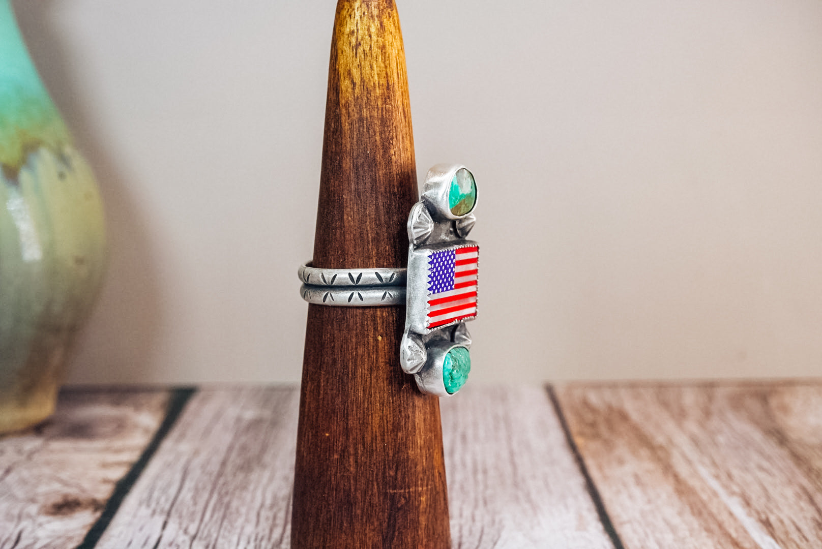 Handmade Sterling Silver American Flag Ring | Turquoise Statement Ring | Lapis, Mother of Pearl & Red Coral Flag | Size Adjustable