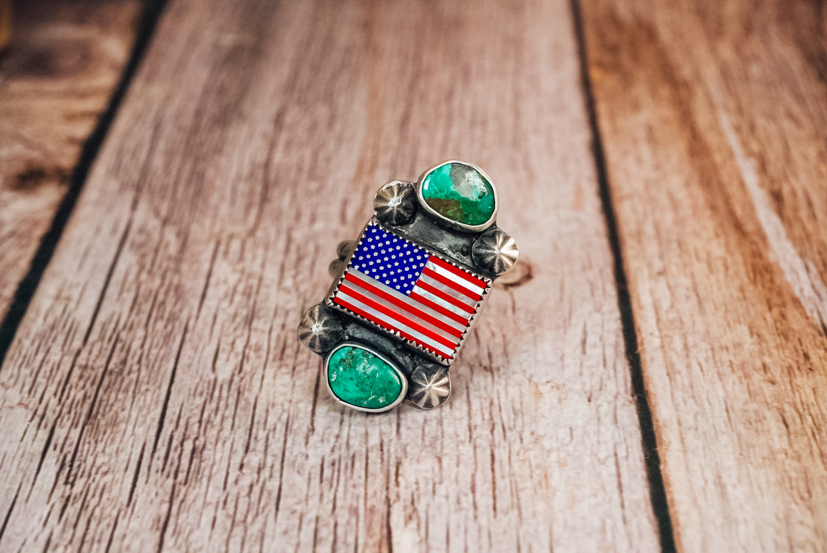 Handmade Sterling Silver American Flag Ring | Turquoise Statement Ring | Lapis, Mother of Pearl & Red Coral Flag | Size Adjustable