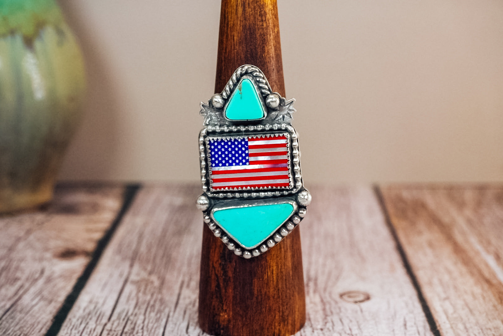 Handmade Sterling Silver American Flag Ring | Turquoise Statement Ring | Lapis, Mother of Pearl & Red Coral Flag | Size Adjustable