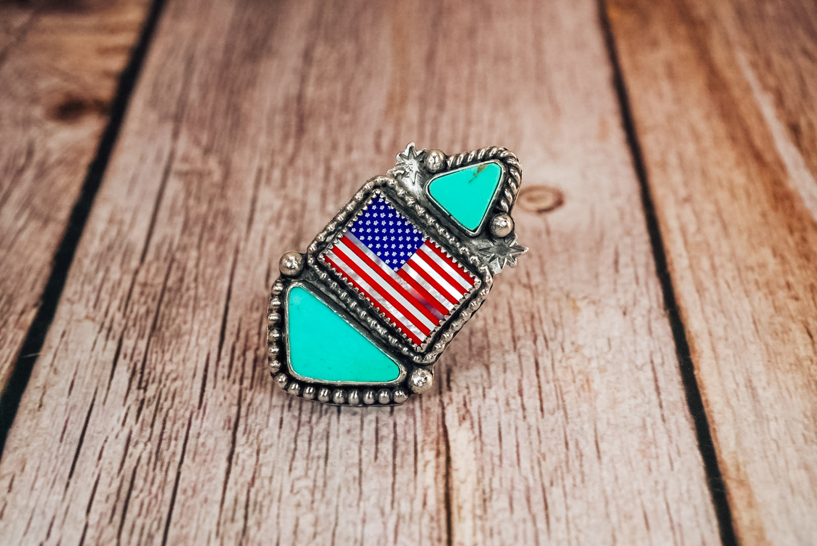 Handmade Sterling Silver American Flag Ring | Turquoise Statement Ring | Lapis, Mother of Pearl & Red Coral Flag | Size Adjustable