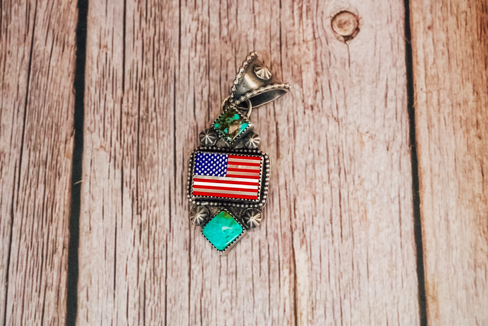 Handmade Sterling Silver American Flag Pendant | Turquoise Statement Pendant | Lapis, Mother of Pearl & Red Coral Flag