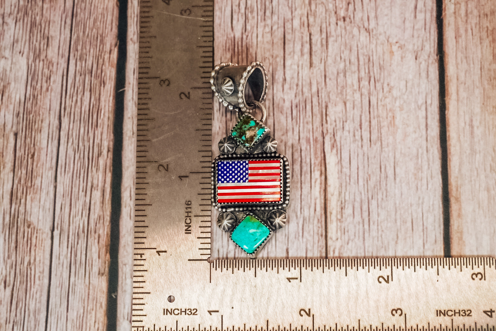 Handmade Sterling Silver American Flag Pendant | Turquoise Statement Pendant | Lapis, Mother of Pearl & Red Coral Flag