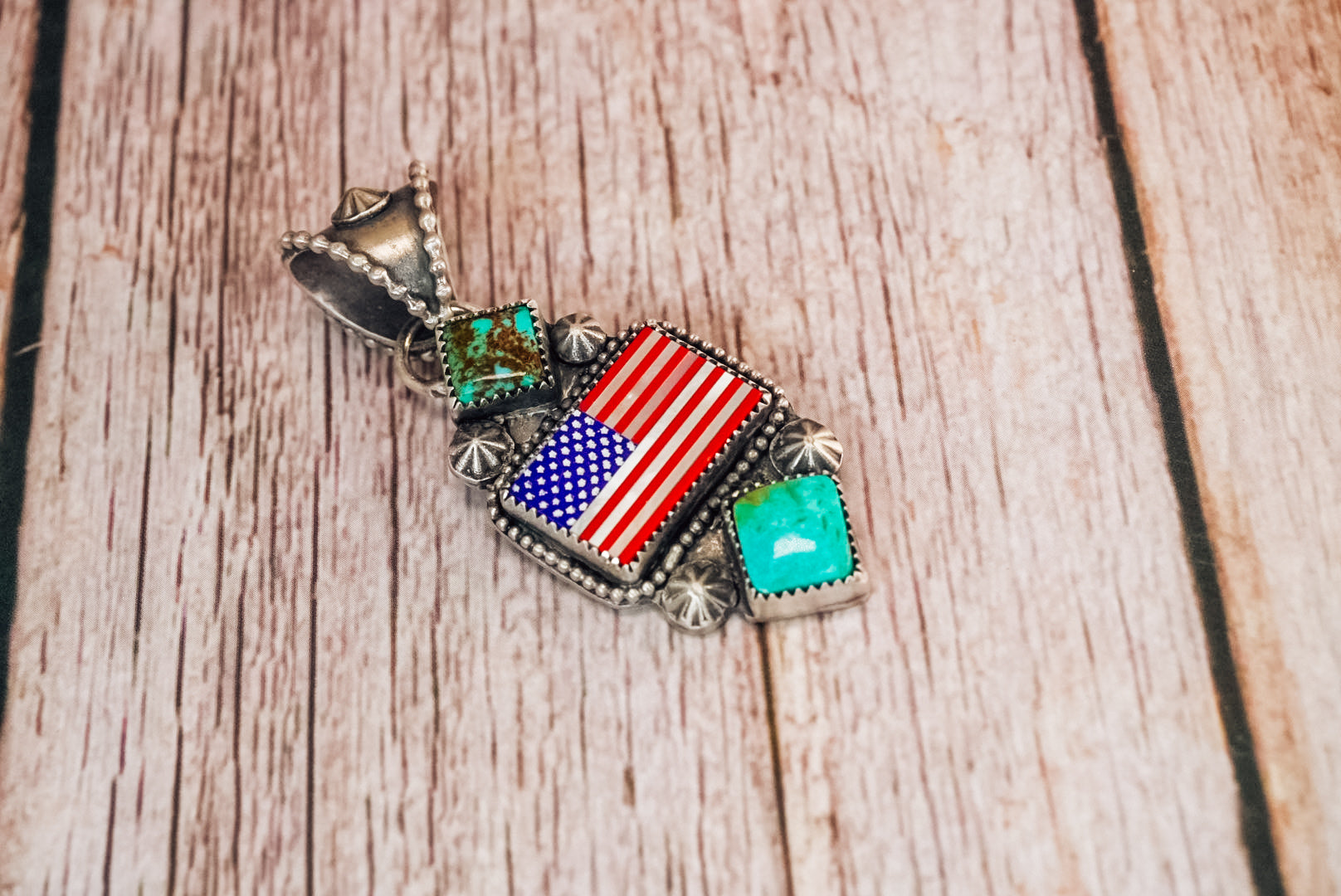 Handmade Sterling Silver American Flag Pendant | Turquoise Statement Pendant | Lapis, Mother of Pearl & Red Coral Flag