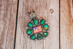 Handmade Sterling Silver American Flag Cluster Pendant | Turquoise Statement Pendant | Lapis, Mother of Pearl & Red Coral Flag