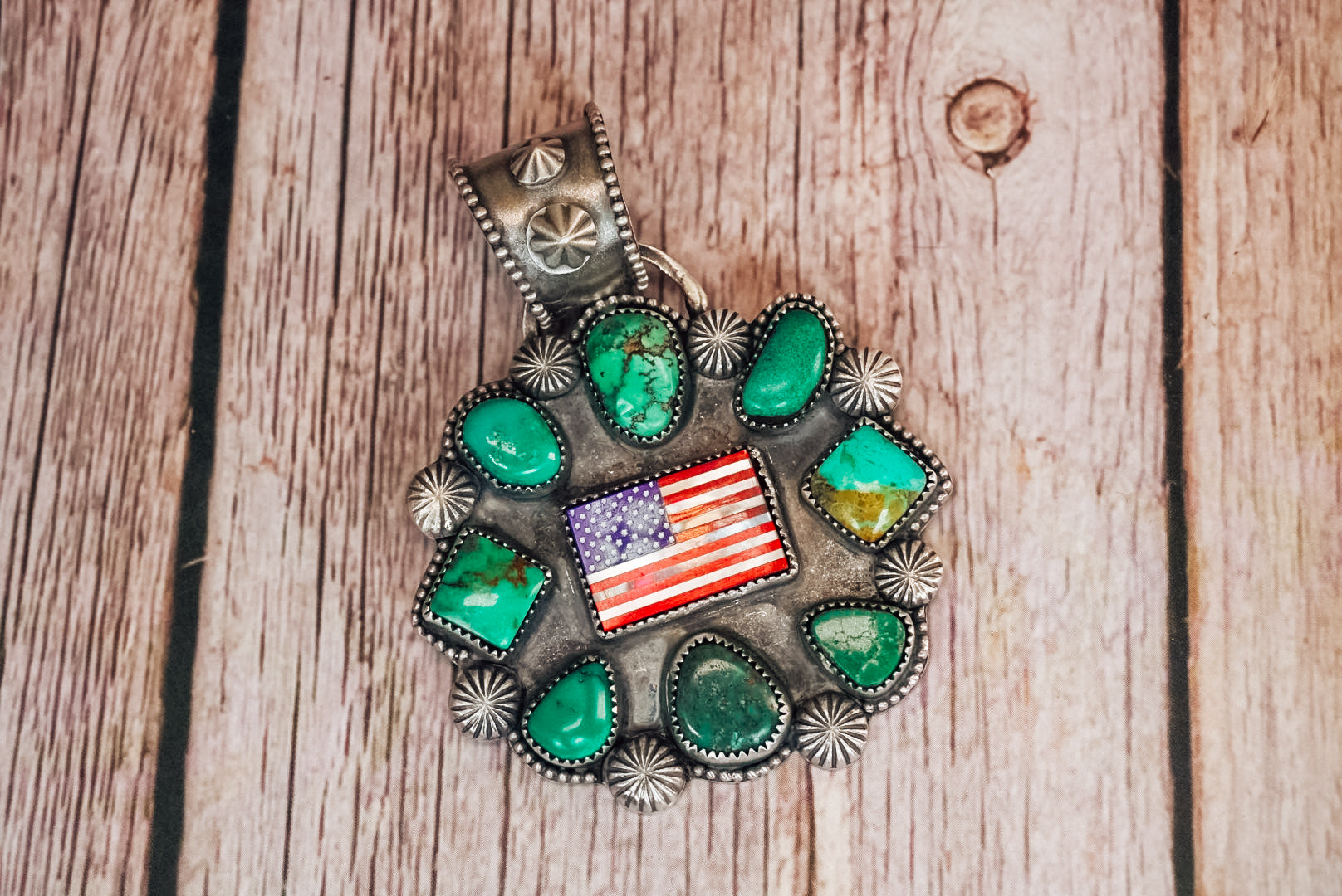 Handmade Sterling Silver American Flag Cluster Pendant | Turquoise Statement Pendant | Lapis, Mother of Pearl & Red Coral Flag