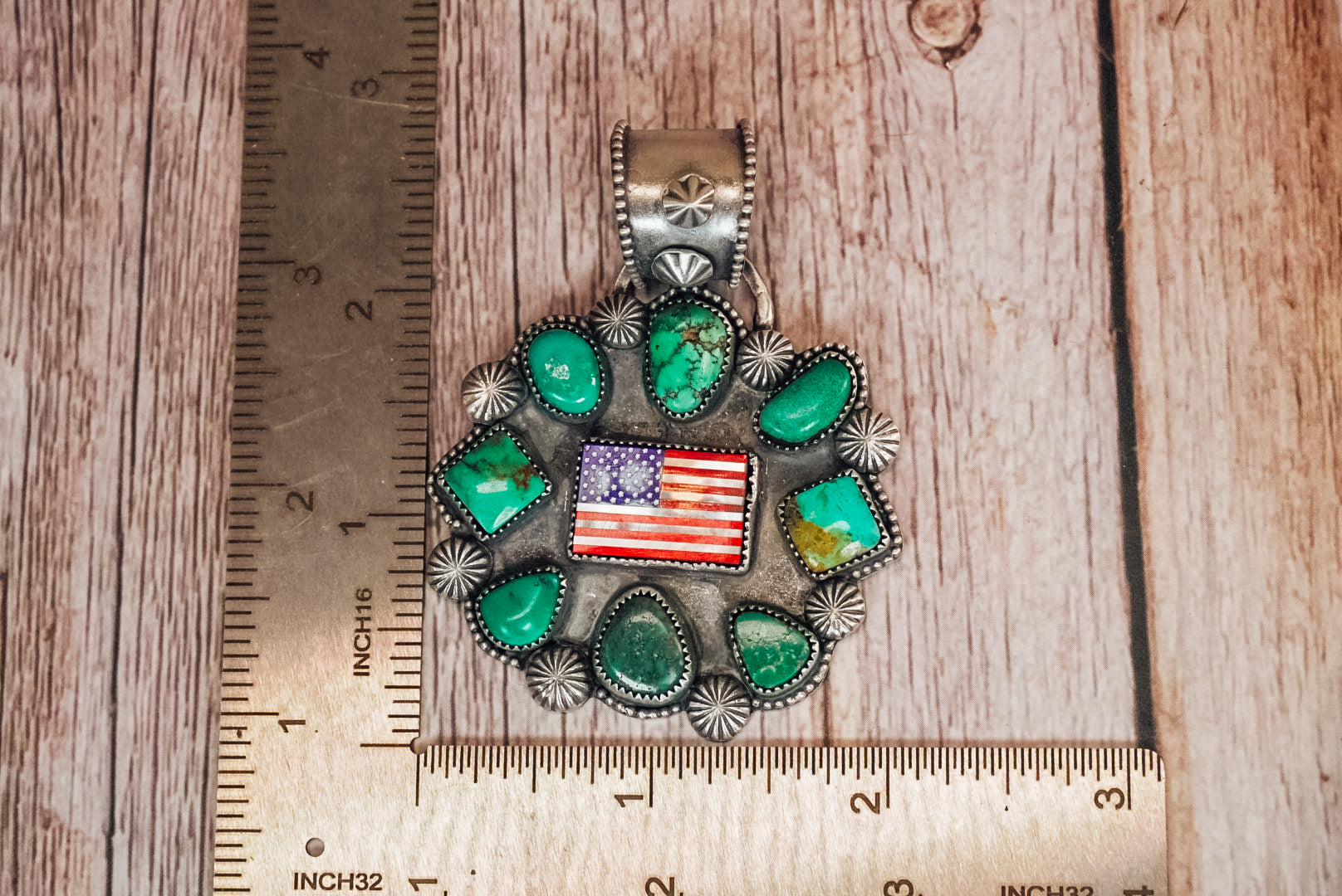 Handmade Sterling Silver American Flag Cluster Pendant | Turquoise Statement Pendant | Lapis, Mother of Pearl & Red Coral Flag