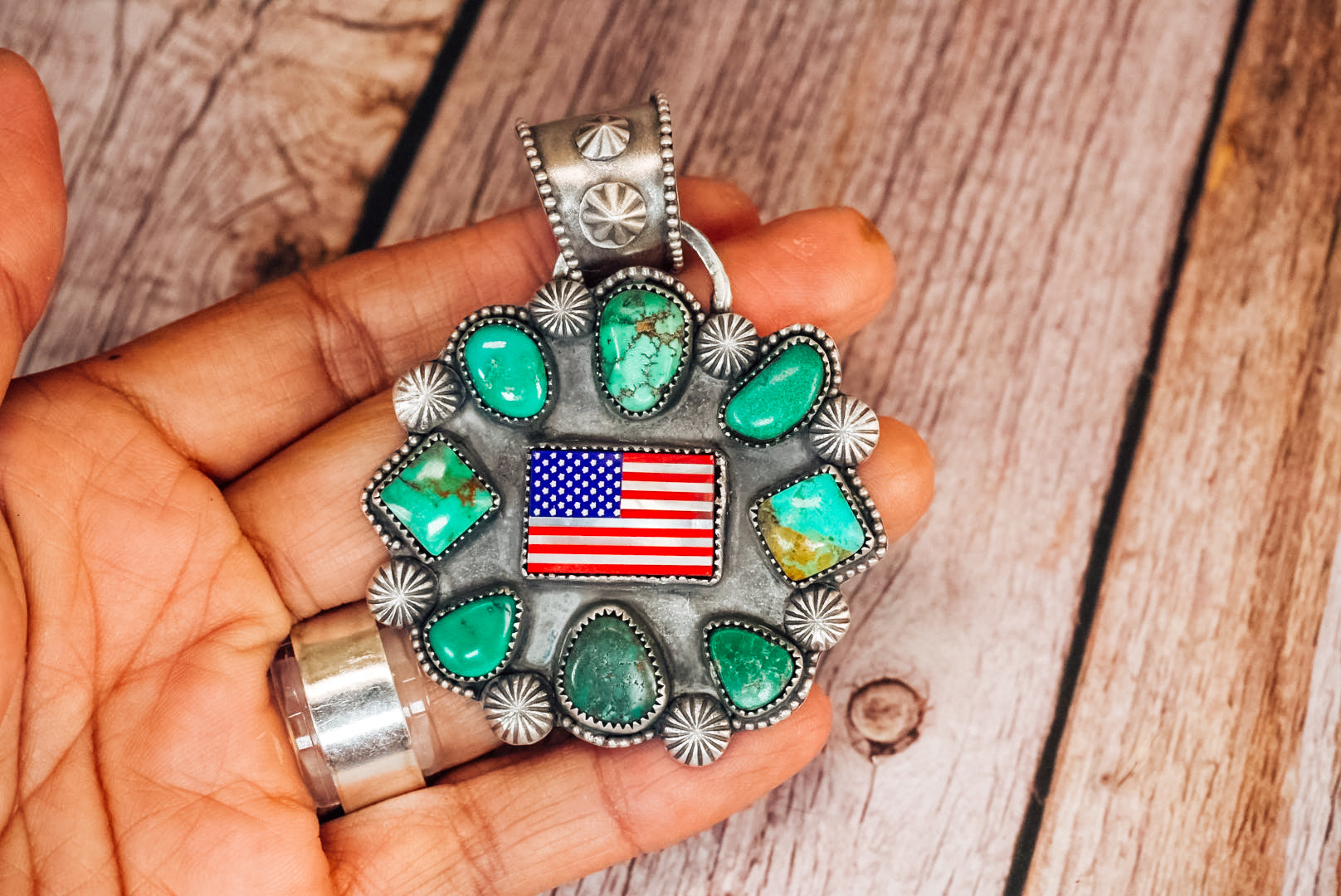 Handmade Sterling Silver American Flag Cluster Pendant | Turquoise Statement Pendant | Lapis, Mother of Pearl & Red Coral Flag