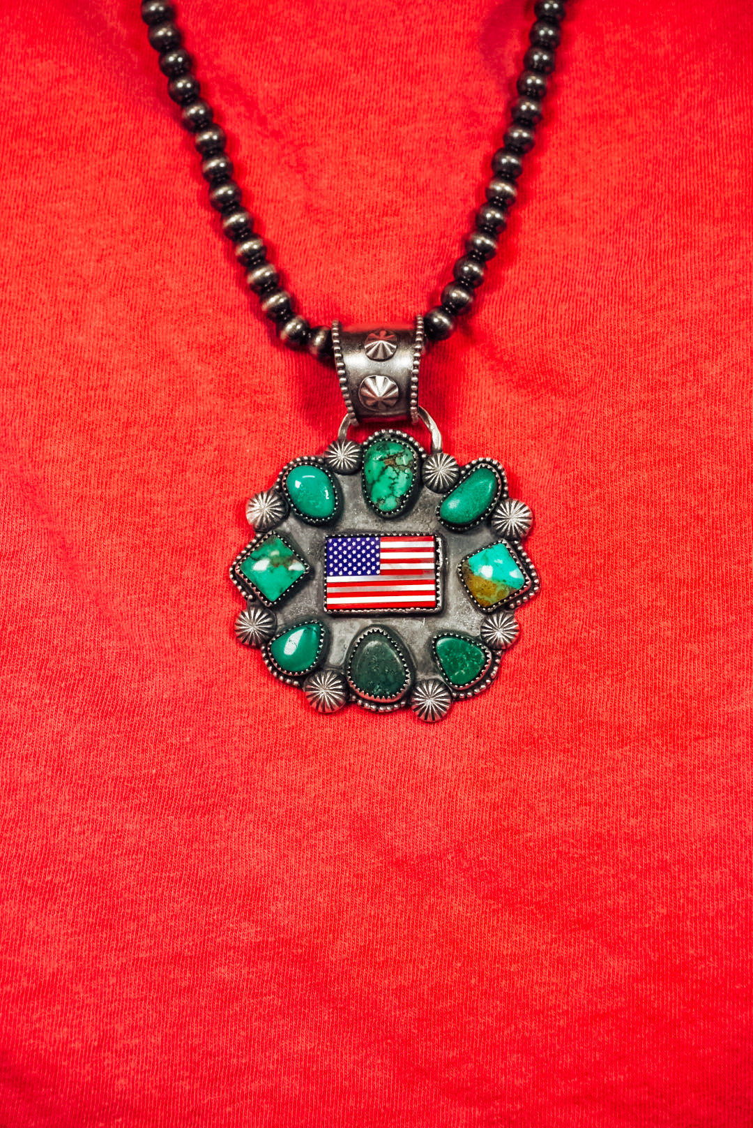 Handmade Sterling Silver American Flag Cluster Pendant | Turquoise Statement Pendant | Lapis, Mother of Pearl & Red Coral Flag