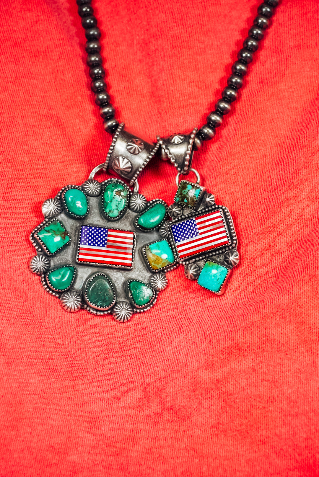 Handmade Sterling Silver American Flag Pendant | Turquoise Statement Pendant | Lapis, Mother of Pearl & Red Coral Flag