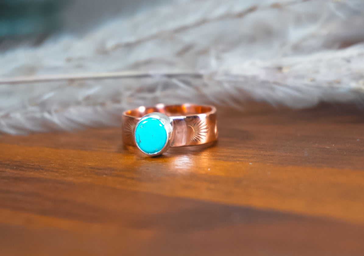 Handmade Copper Ring with Sterling Silver Accents | Kingman Turquoise Daily Ring | Size 8