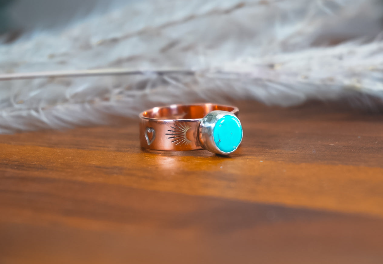 Handmade Copper Ring with Sterling Silver Accents | Kingman Turquoise Daily Ring | Size 8