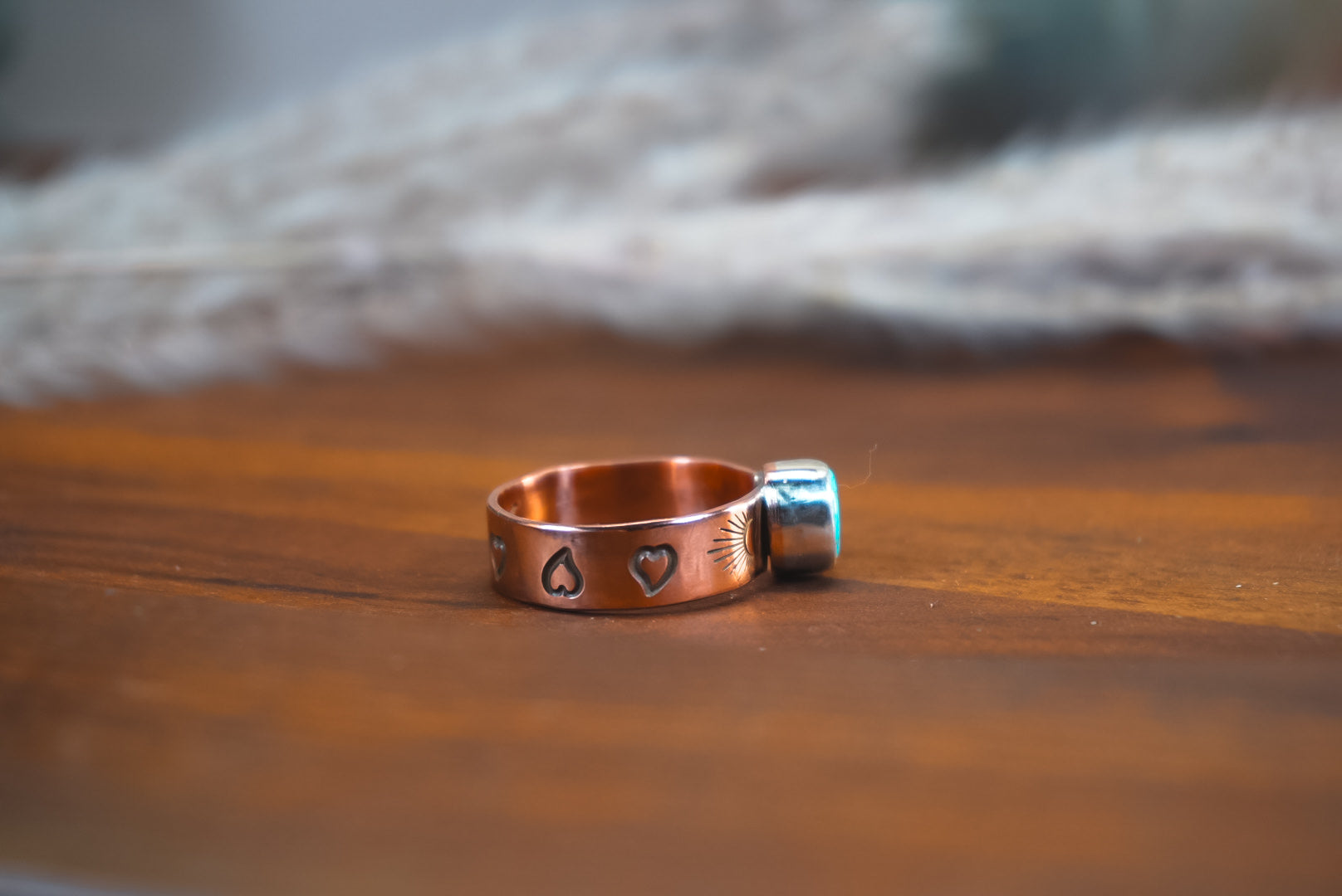 Handmade Copper Ring with Sterling Silver Accents | Kingman Turquoise Daily Ring | Size 8