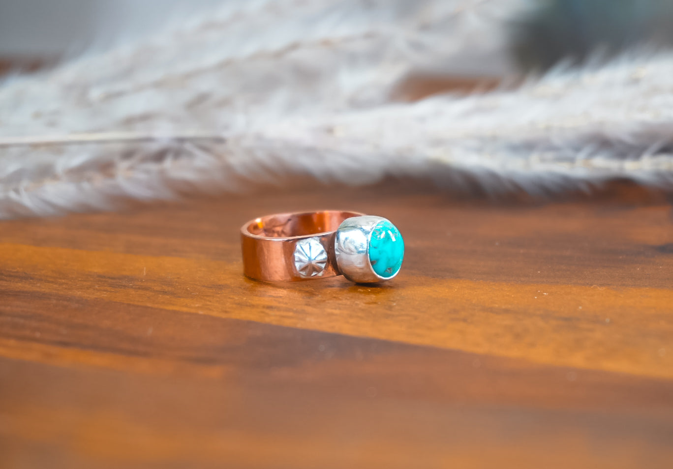 Handmade Copper Ring with Sterling Silver Accents | Kingman Turquoise Daily Ring | Size 5.5