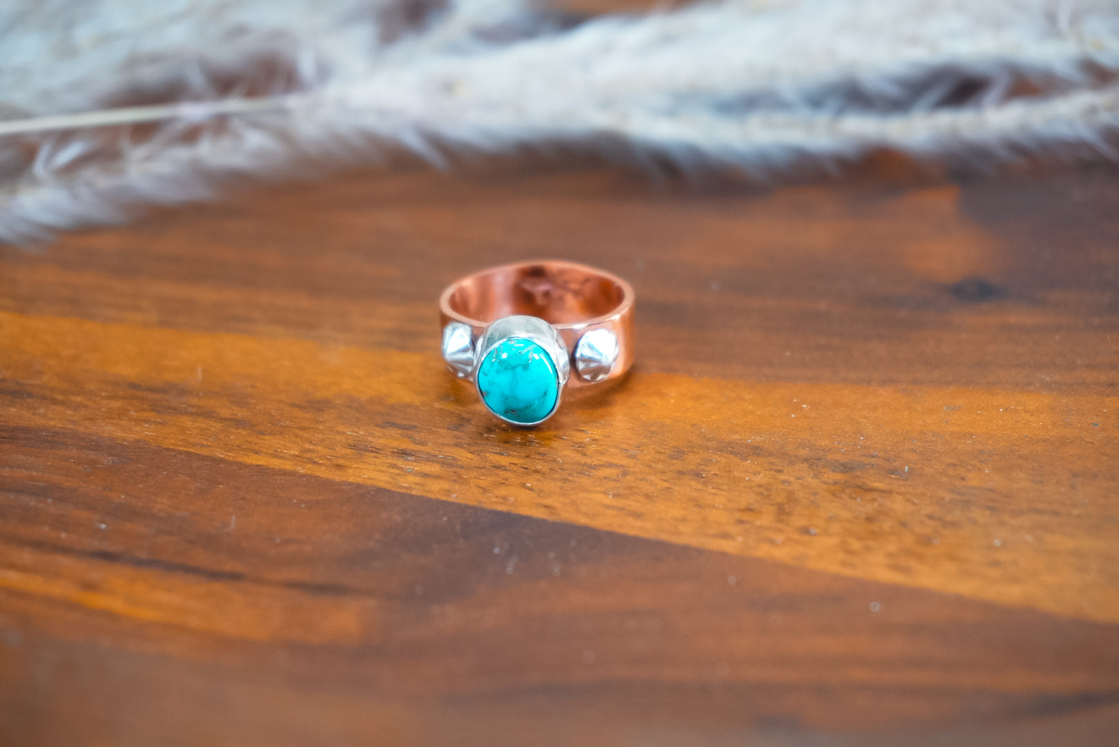 Handmade Copper Ring with Sterling Silver Accents | Kingman Turquoise Daily Ring | Size 5.5