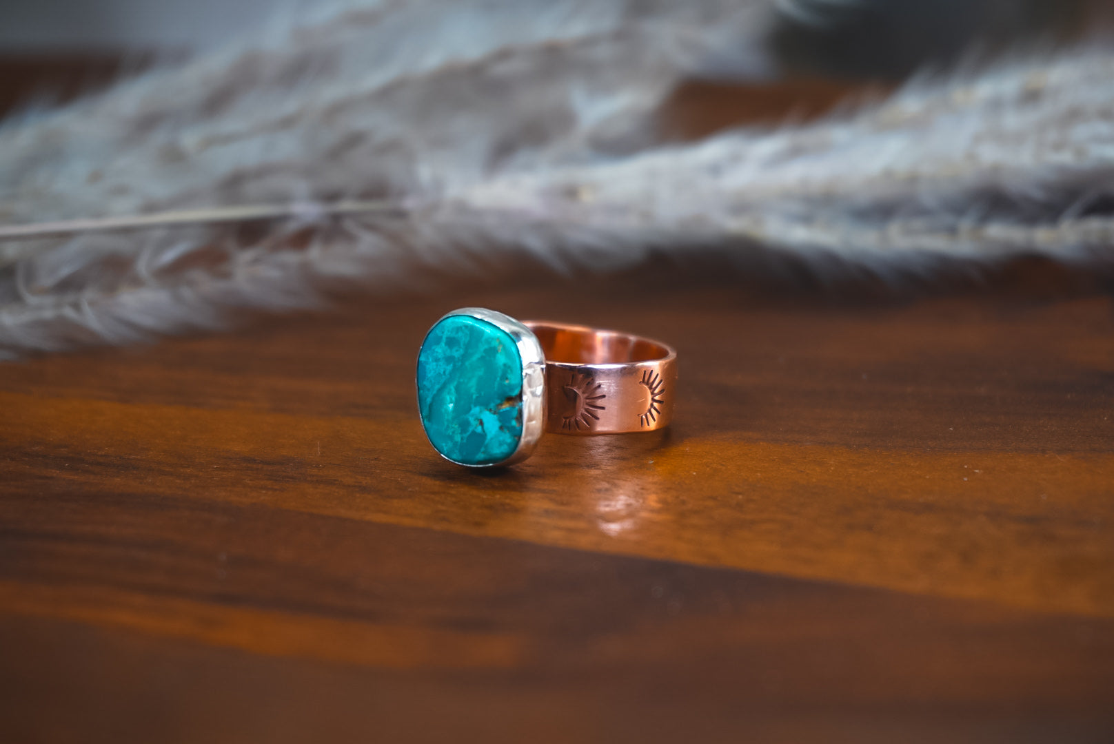 Handmade Copper Ring with Sterling Silver Accents | Kingman Turquoise Daily Ring | Size 8