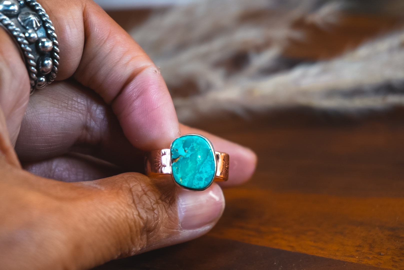 Handmade Copper Ring with Sterling Silver Accents | Kingman Turquoise Daily Ring | Size 8