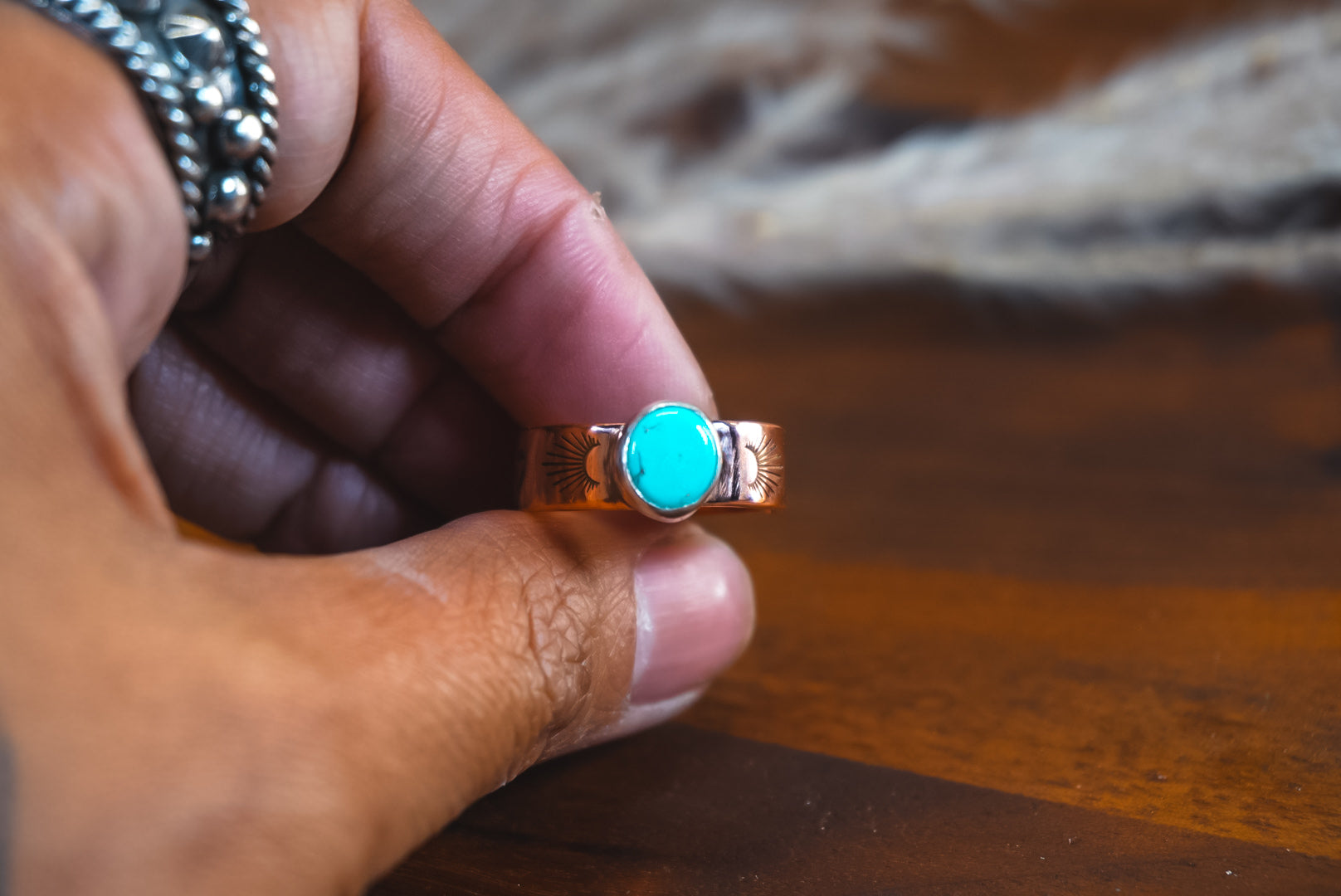 Handmade Copper Ring with Sterling Silver Accents | Kingman Turquoise Daily Ring | Size 8