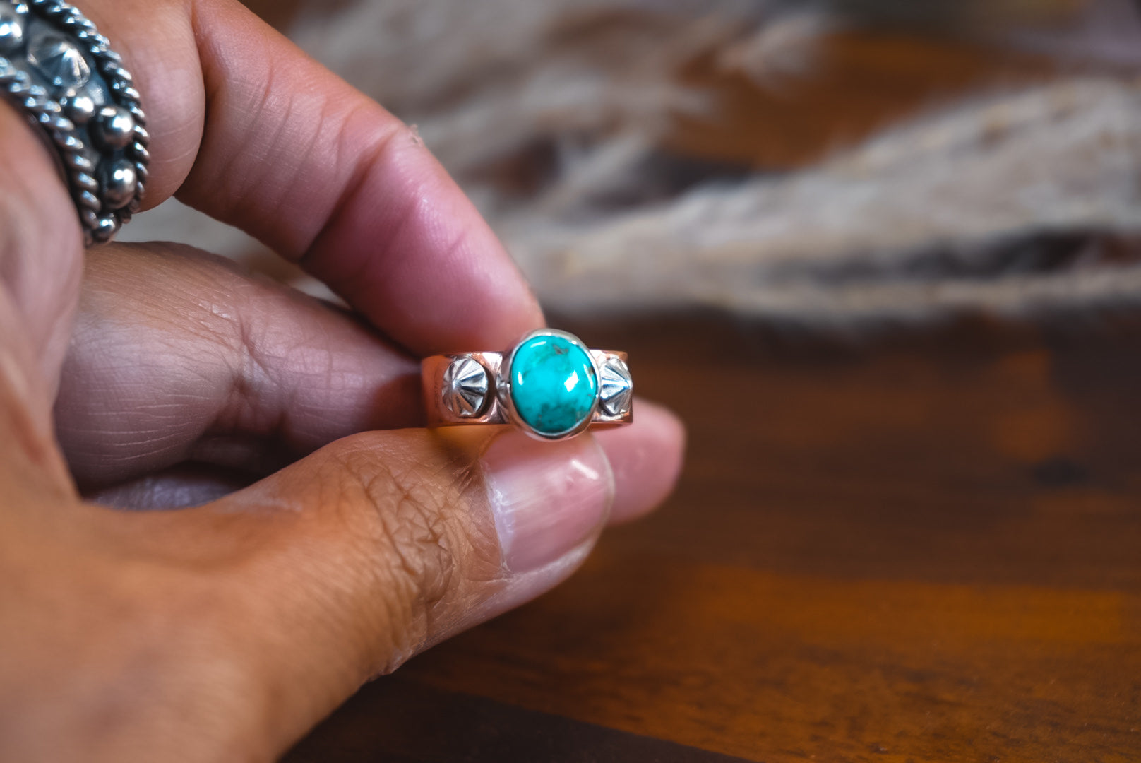 Handmade Copper Ring with Sterling Silver Accents | Kingman Turquoise Daily Ring | Size 5.5