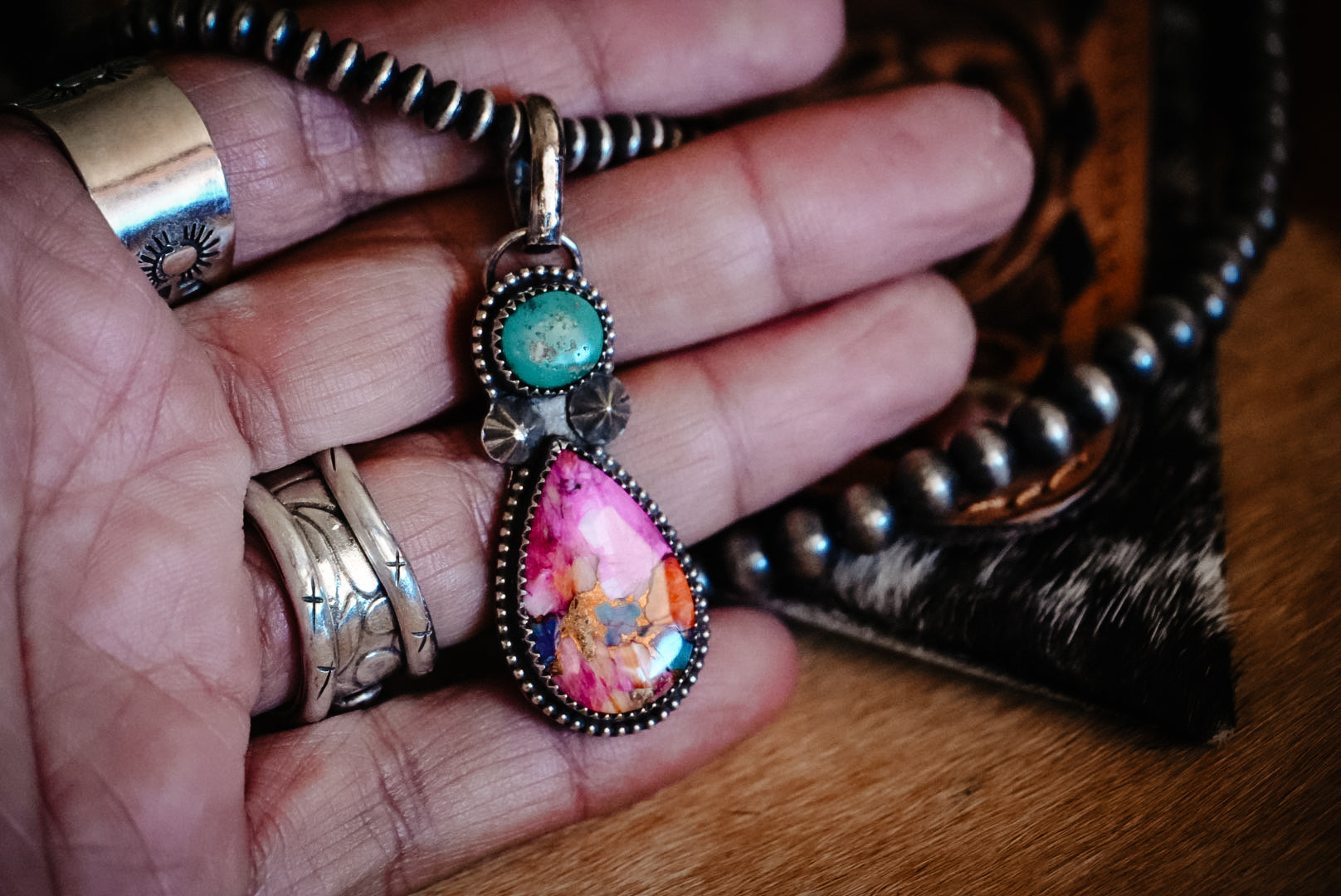 Handmade Sterling Silver Pink Dahlia Composite & Kingman Turquoise Pendant | Western Turquoise Statement Pendant