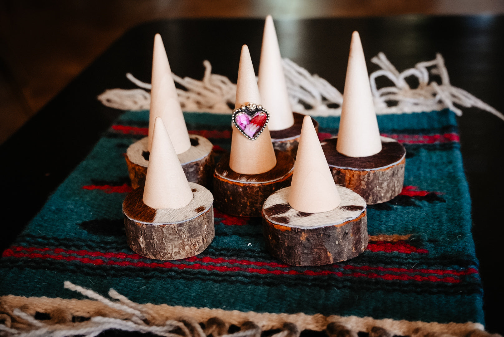 Handmade Cowhide Ring Cone Holder Set | Short & Tall Western Ring Display | The Legend Display Collection