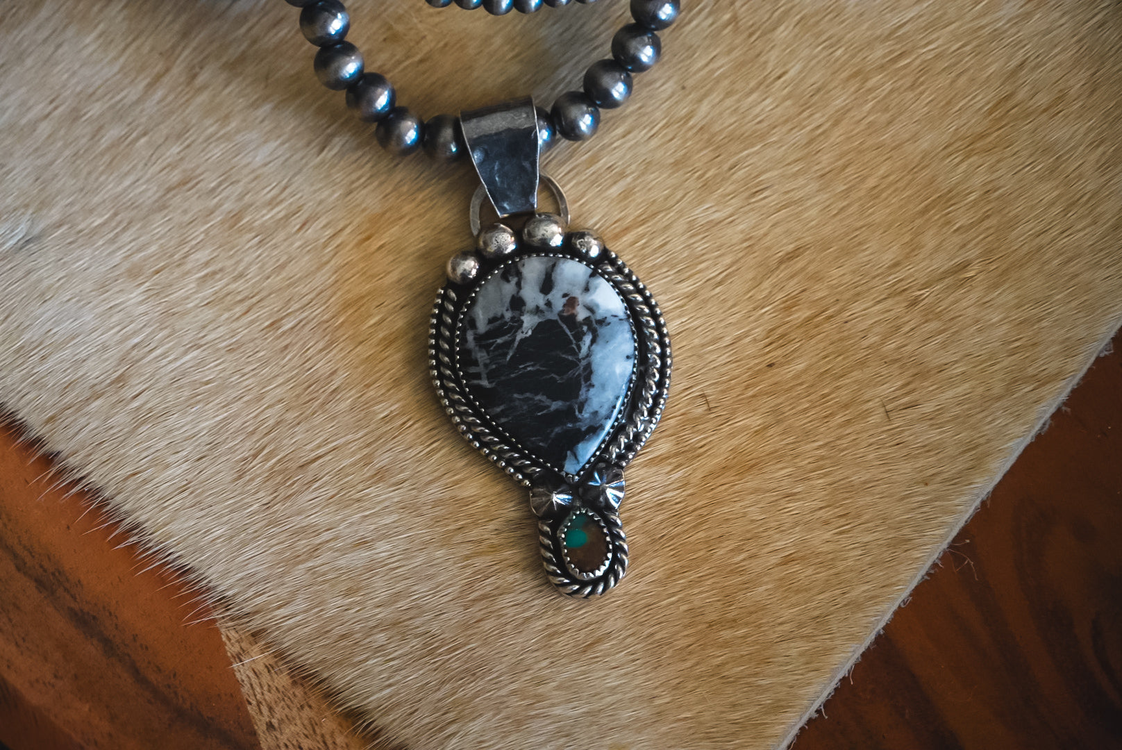 Handmade Sterling Silver White Buffalo & Royston Turquoise Pendant | Western Statement Pendant