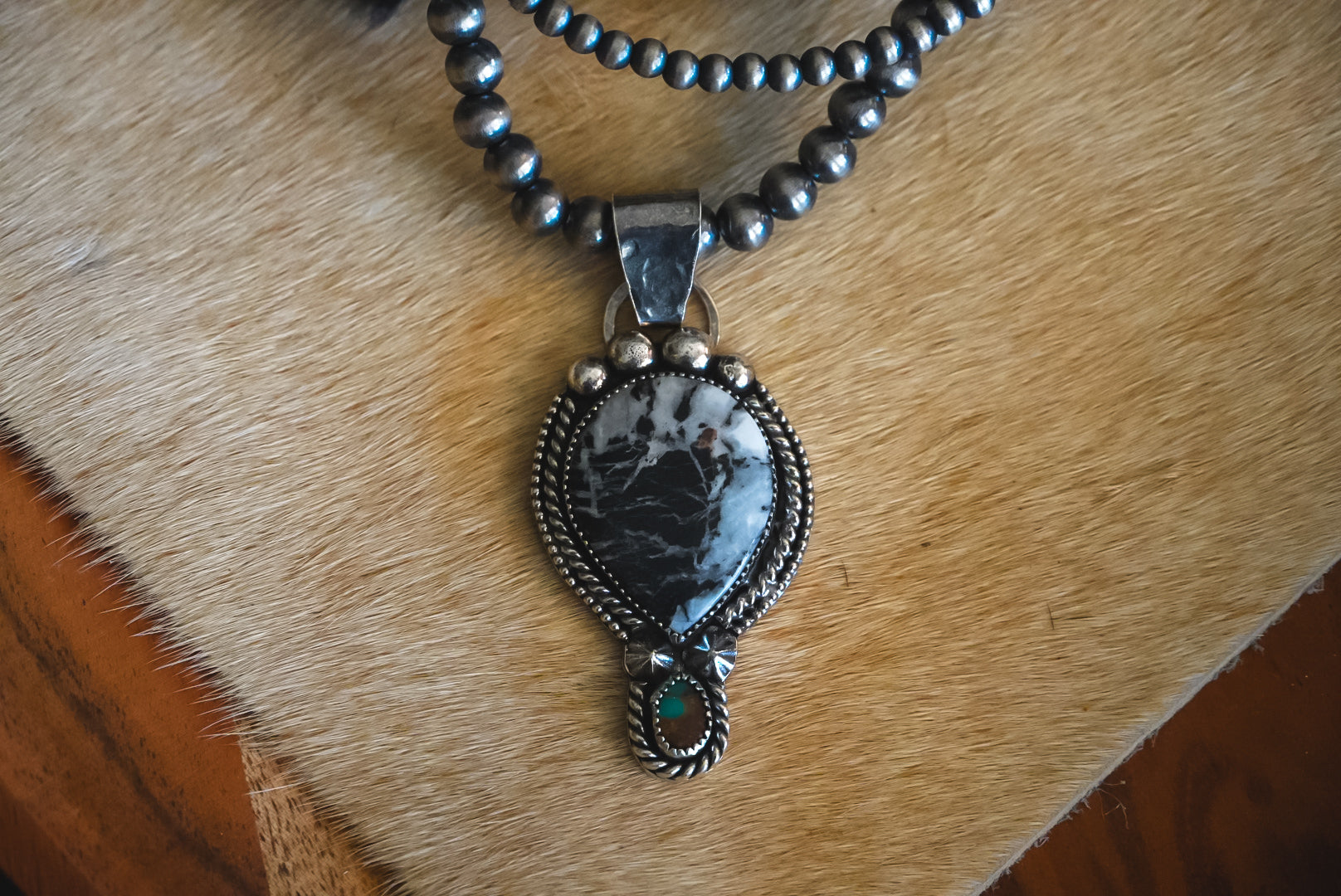 Handmade Sterling Silver White Buffalo & Royston Turquoise Pendant | Western Statement Pendant