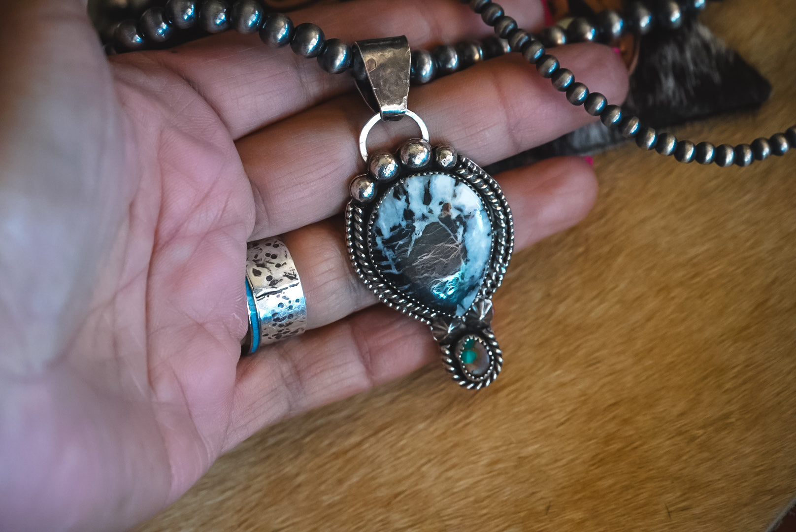 Handmade Sterling Silver White Buffalo & Royston Turquoise Pendant | Western Statement Pendant