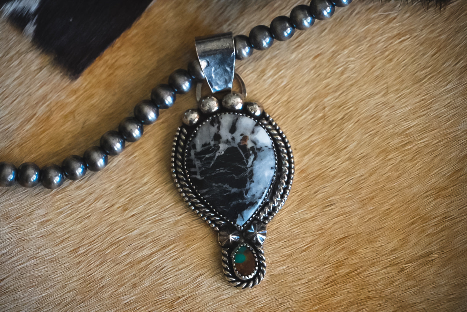 Handmade Sterling Silver White Buffalo & Royston Turquoise Pendant | Western Statement Pendant