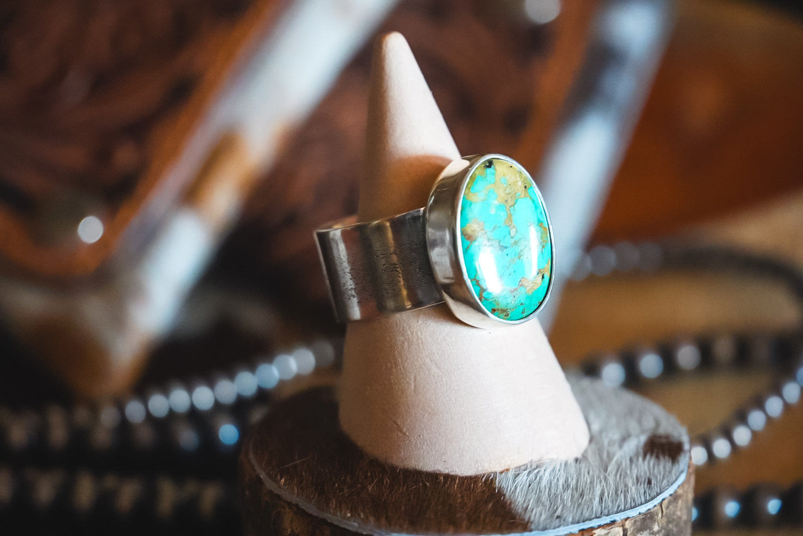 Handmade Sterling Silver Baja Turquoise Ring | Wide Textured Band | Size 11.25
