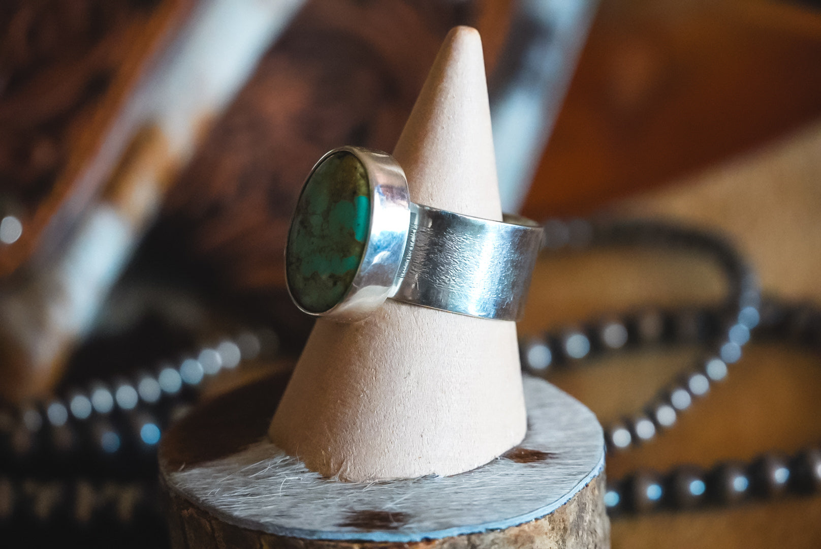 Handmade Sterling Silver Baja Turquoise Ring | Wide Textured Band | Size 11.25